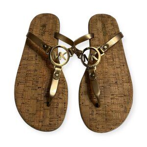 Michael Kors Gold Logo Thong Sandals Cork Sole Women's Size 8 MK Flip Flops